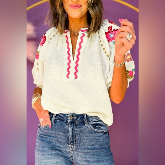 Beige Floral Embroidered Ricrac Puff Sleeve
Textured Blouse Bohemian Top - Picture 9 of 15